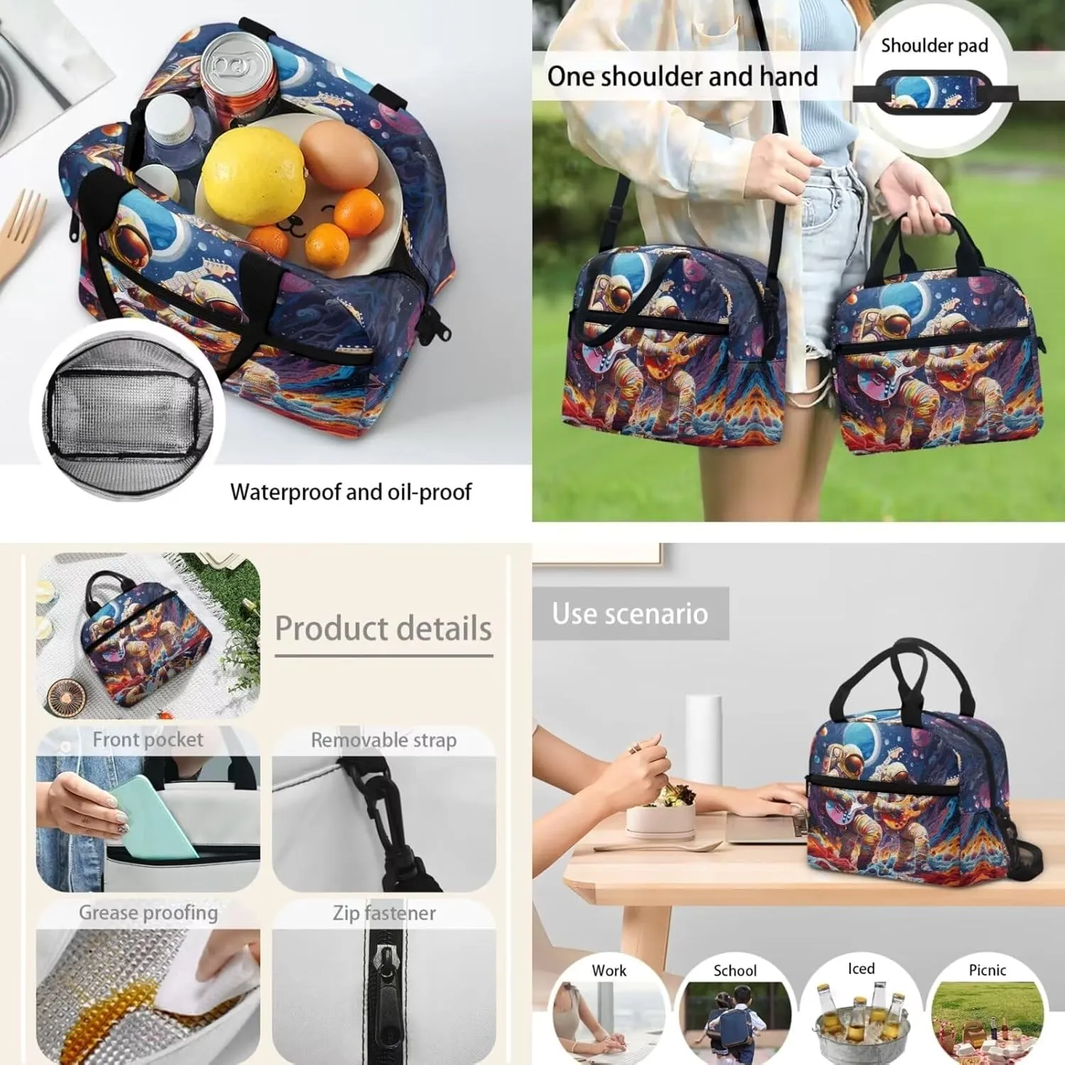 Backpack Designed Shoulders Bag Elementary for kids Travel Picnic for lunch Bag Pen Case 3 Pieces Acceptable Customized (Astronaut Guitar)
