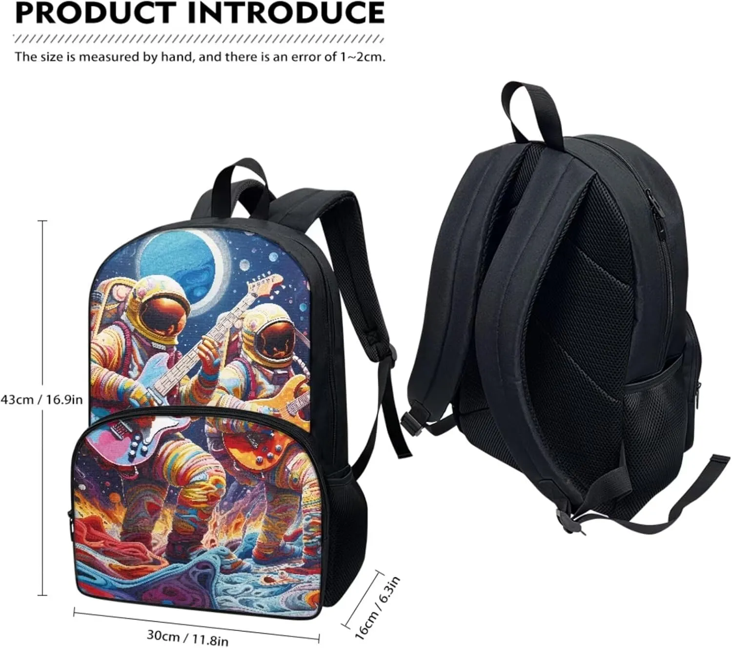 Backpack Designed Shoulders Bag Elementary for kids Travel Picnic for lunch Bag Pen Case 3 Pieces Acceptable Customized (Astronaut Guitar)