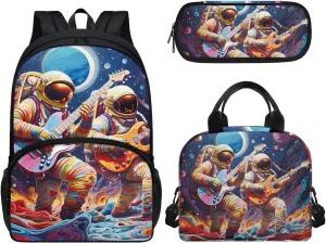 Backpack Designed Shoulders Bag Elementary for kids Travel Picnic for lunch Bag Pen Case 3 Pieces Acceptable Customized (Astronaut Guitar)