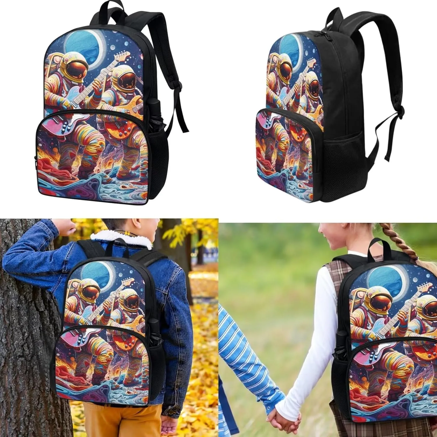 Backpack Designed Shoulders Bag Elementary for kids Travel Picnic for lunch Bag Pen Case 3 Pieces Acceptable Customized (Astronaut Guitar)