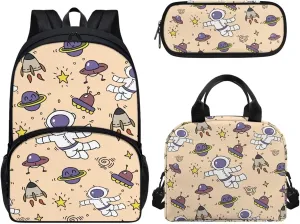 Backpack for Child Astronaut Planet School Bag for Child 17 inch Rocket Hiking Bookbag for Son Daughter with Lunch Bag Pencil Box 3 Pieces