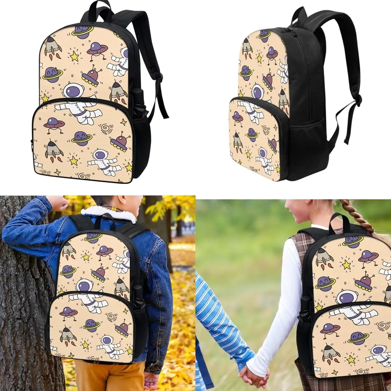 Backpack for Child Astronaut Planet School Bag for Child 17 inch Rocket Hiking Bookbag for Son Daughter with Lunch Bag Pencil Box 3 Pieces
