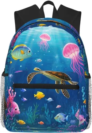 Backpack for Women Men 15.7 in, Lightweight Travel Backpack Waterproof Casual Daypack Laptop Computer Backpacks Carry On Bag Purse for Travel Business Hiking Work, Sea Turtle Jellyfish Fish Coral