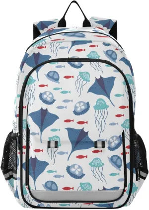 Backpack Ocean Stingray Fishes Jellyfish School Shoulder Bag Lightweight Laptop Backpack Student Casual Travel Daypack