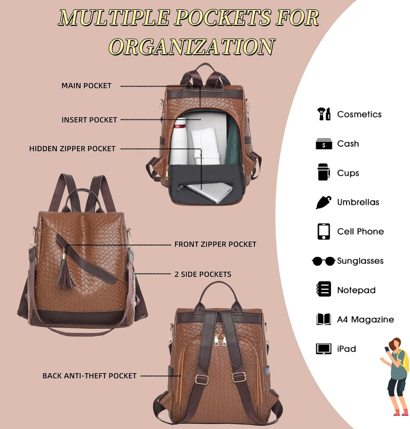 Backpack Purse for Women Leather Anti-theft Shoulder Bags Fashion Convertible Lightweight Travel Bag Women's Handbag (brown)