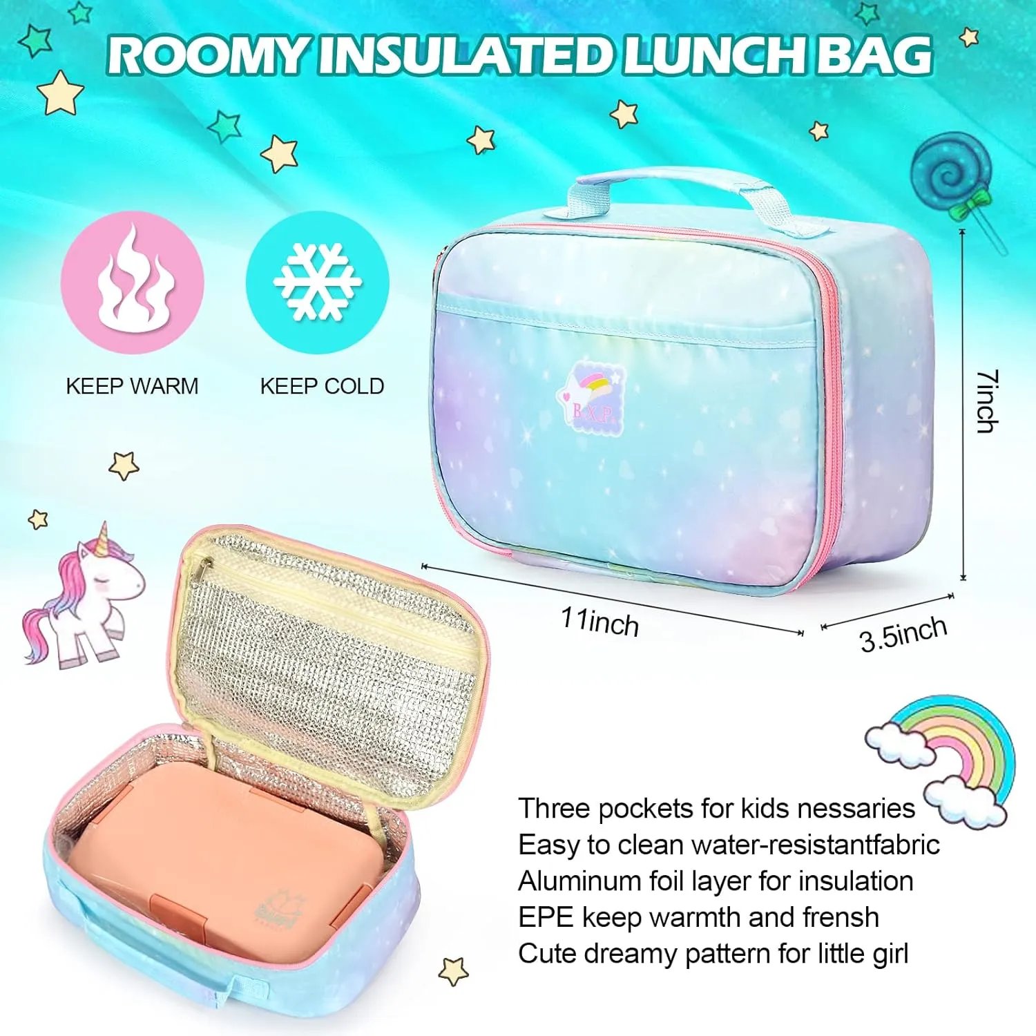 Backpacks for Girls, Kids Backpack School Bookbags with Insulated Lunch Box for School Elementary Girl, School Bag with Laptop Compartments, Galaxy Blue