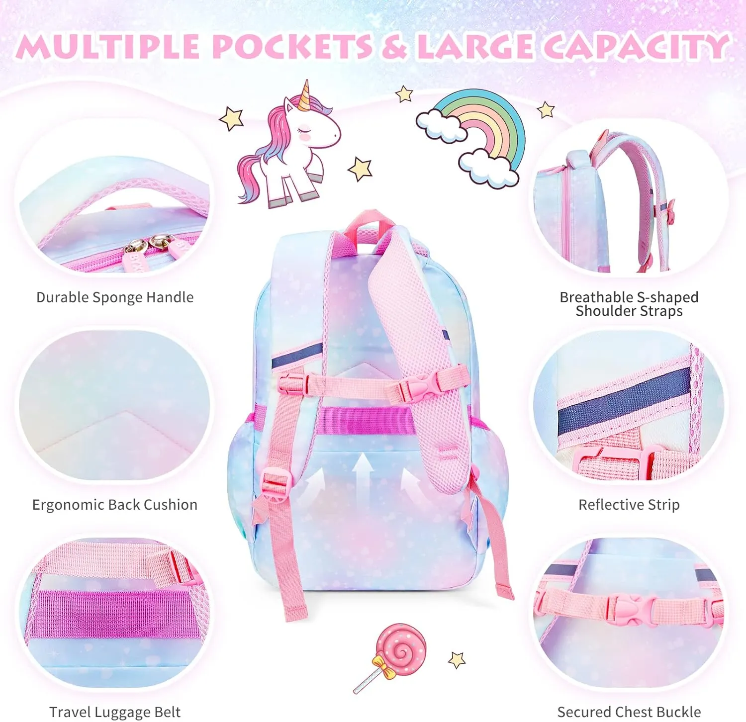 Backpacks for Girls, Kids Backpack School Bookbags with Insulated Lunch Box for School Elementary Girl, School Bag with Laptop Compartments, Galaxy Blue