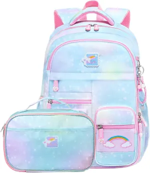 Backpacks for Girls, Kids Backpack School Bookbags with Insulated Lunch Box for School Elementary Girl, School Bag with Laptop Compartments, Galaxy Blue