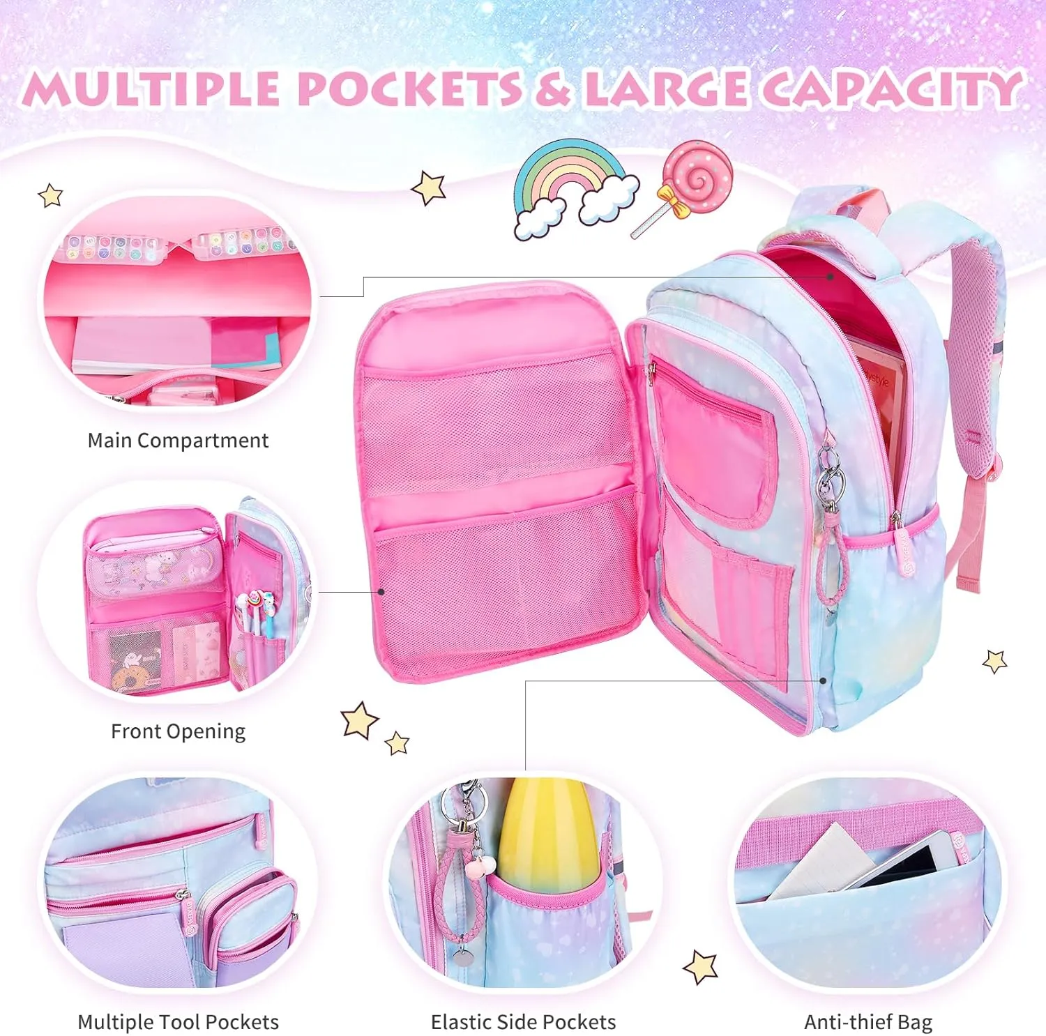 Backpacks for Girls, Kids Backpack School Bookbags with Insulated Lunch Box for School Elementary Girl, School Bag with Laptop Compartments, Galaxy Blue