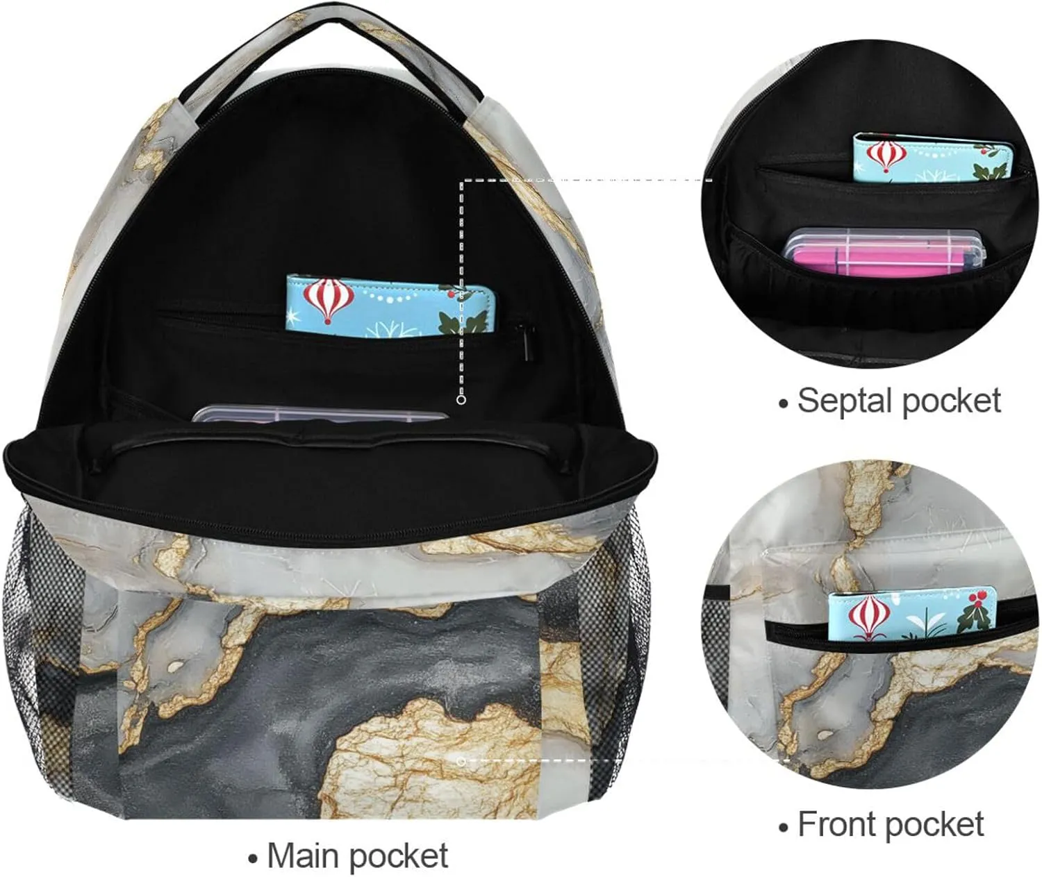 Backpacks for Men Women Fashion College School Computer Bag with Chest Strap for Travel Trip Marble White Gray