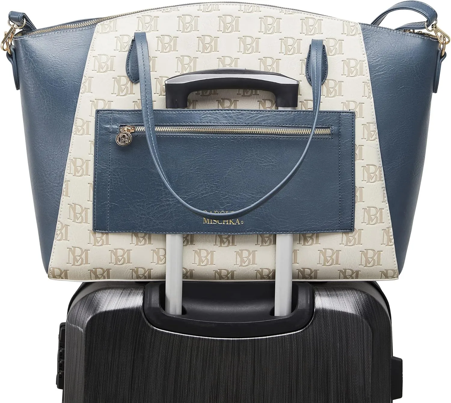 Badgley Mischka Caroline Vegan Leather Tote Weekender Travel Bag (Champagne Navy)