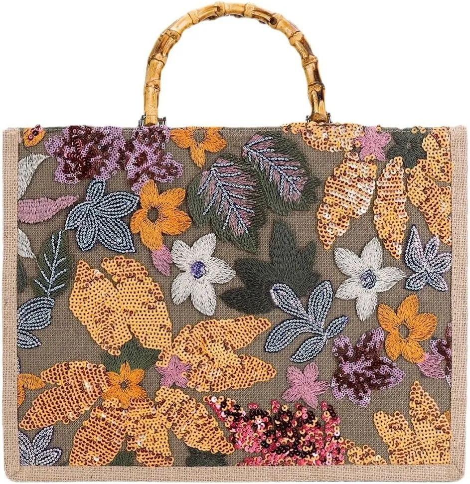 Bamboo Handbag Embroidered Tote Bag Floral Clutch Purses for Women Bamboo Handle Tote Purse