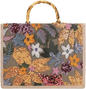 Bamboo Handbag Embroidered Tote Bag Floral Clutch Purses for Women Bamboo Handle Tote Purse