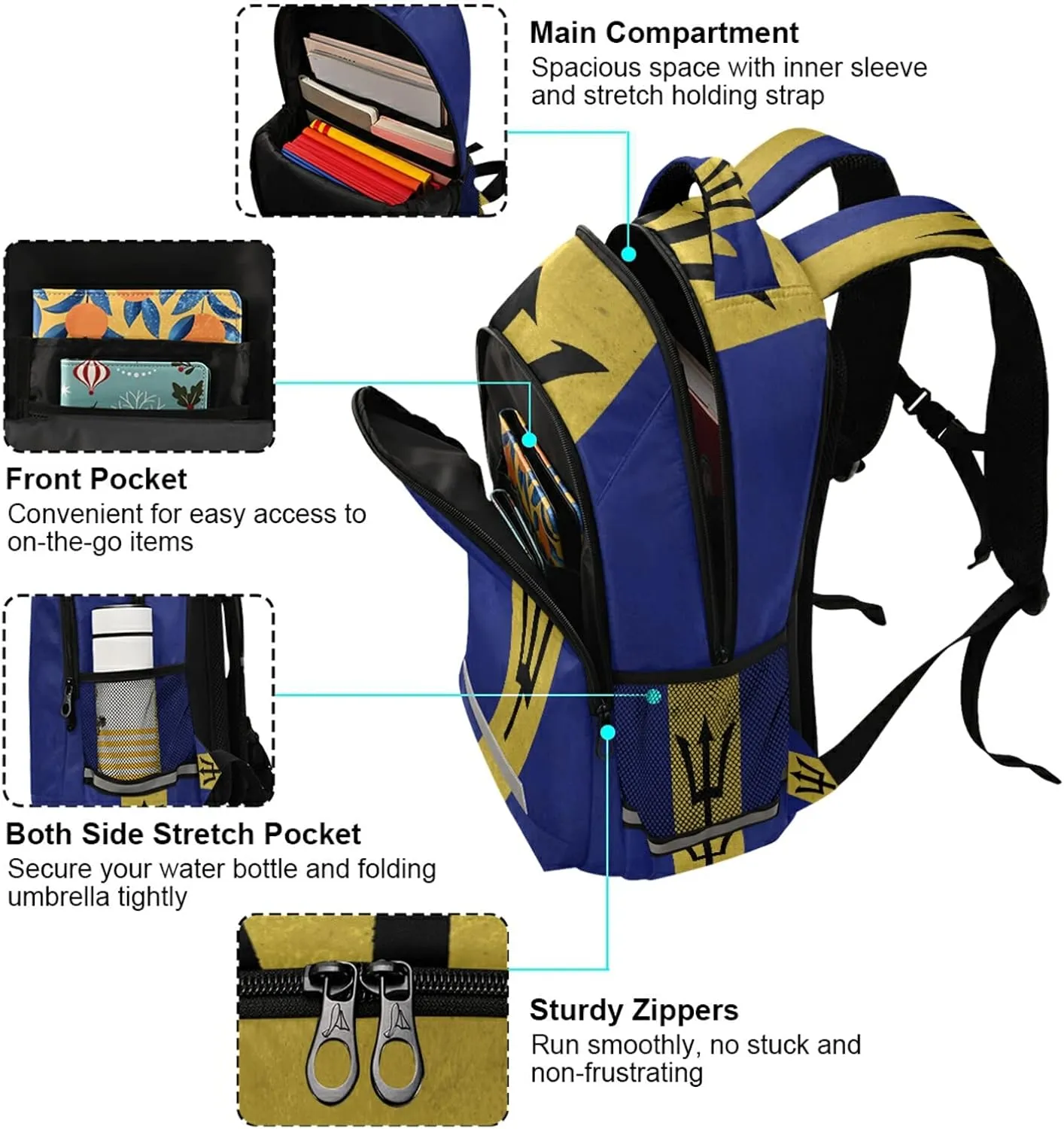Barbados Flag Backpack for Girls Kids Boys School Bookbags,Student Laptop Backpack Carrying Bag Casual Lightweight Travel Sports Day Packs