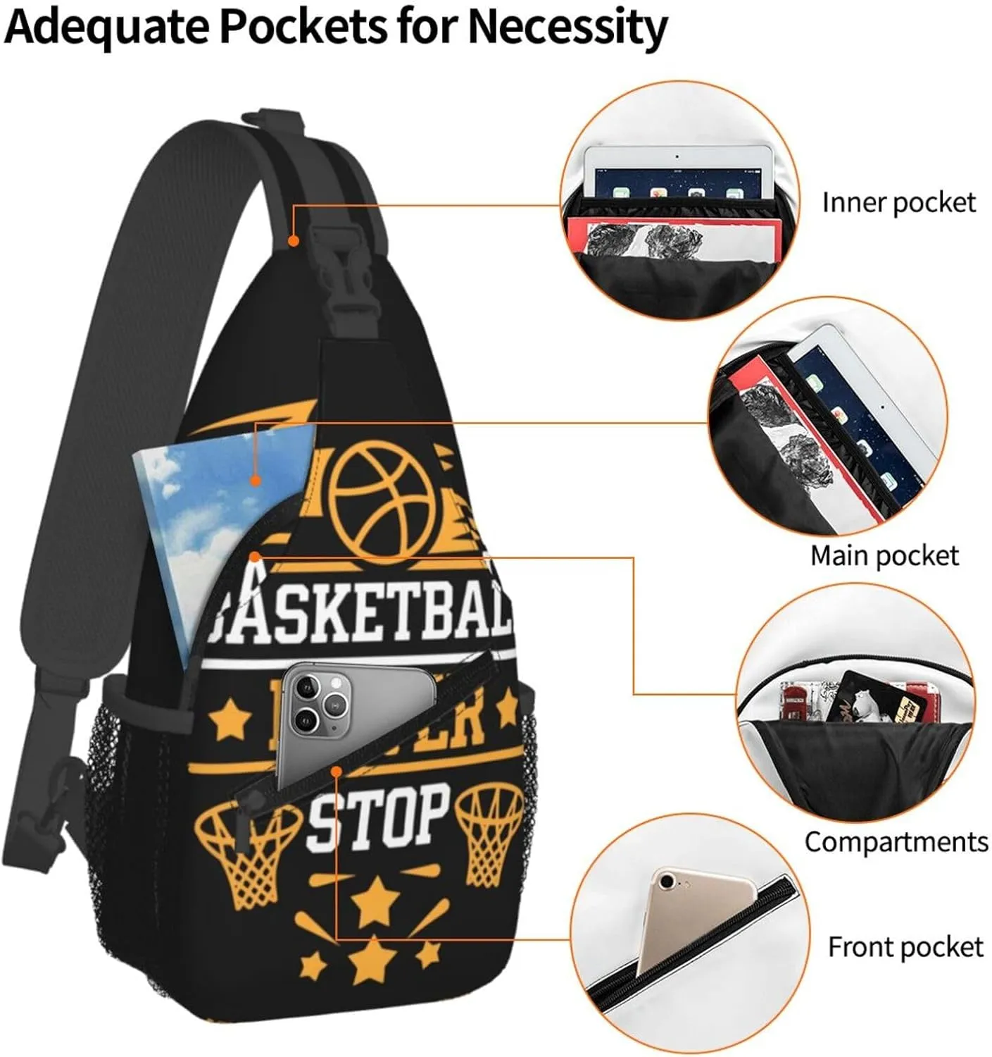 Basketball Never Stop Chest Bags Crossbody Sling Bag Shoulder Bag Travel Hiking Daypack For Men Women