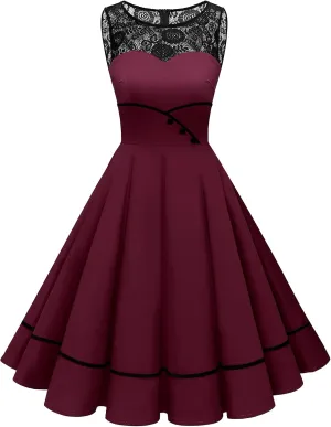 Bbonlinedress Women's 50s Vintage Floral Lace Retro Rockabilly Sleeveless Round Neck Cocktail Party Swing Dress