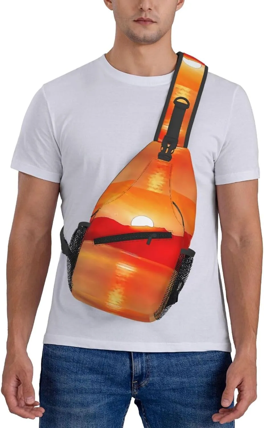 Beautiful Sunset Over Sea Watercolor Chest Sling Bag Crossbody Shoulder Backpack Bag Gym Cycling Travel Hiking Daypack Cross Bag