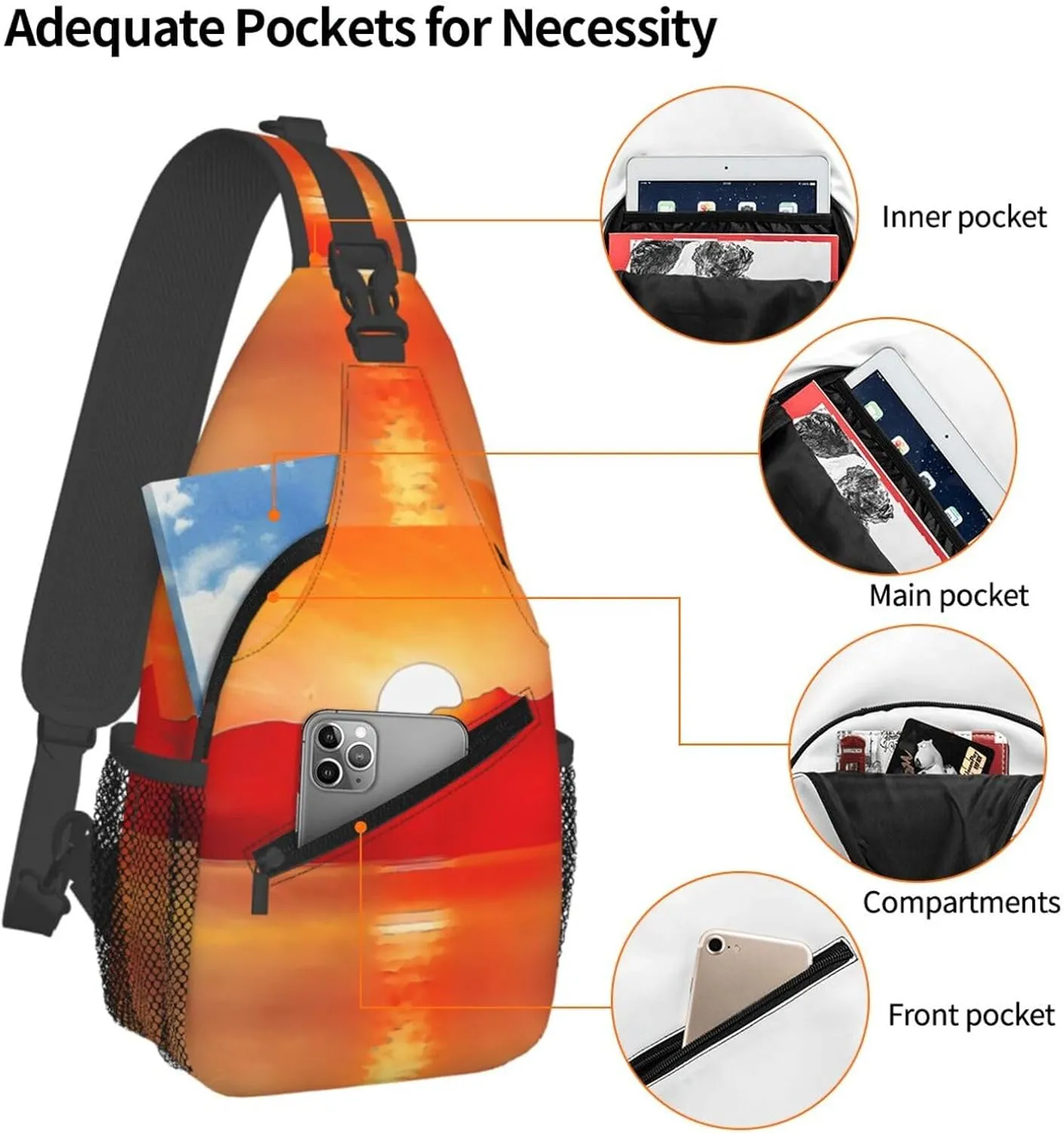 Beautiful Sunset Over Sea Watercolor Chest Sling Bag Crossbody Shoulder Backpack Bag Gym Cycling Travel Hiking Daypack Cross Bag