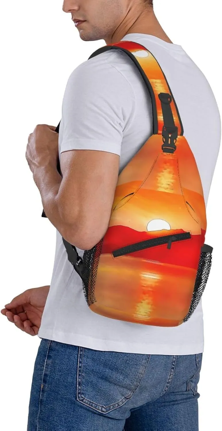 Beautiful Sunset Over Sea Watercolor Chest Sling Bag Crossbody Shoulder Backpack Bag Gym Cycling Travel Hiking Daypack Cross Bag