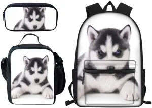 Beauty Collector Designer Husky Backpack Bookbags Set for School Cute Lunch Bag, Pencil Case and Big Backpacks