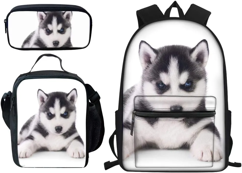 Beauty Collector Designer Husky Backpack Bookbags Set for School Cute Lunch Bag, Pencil Case and Big Backpacks