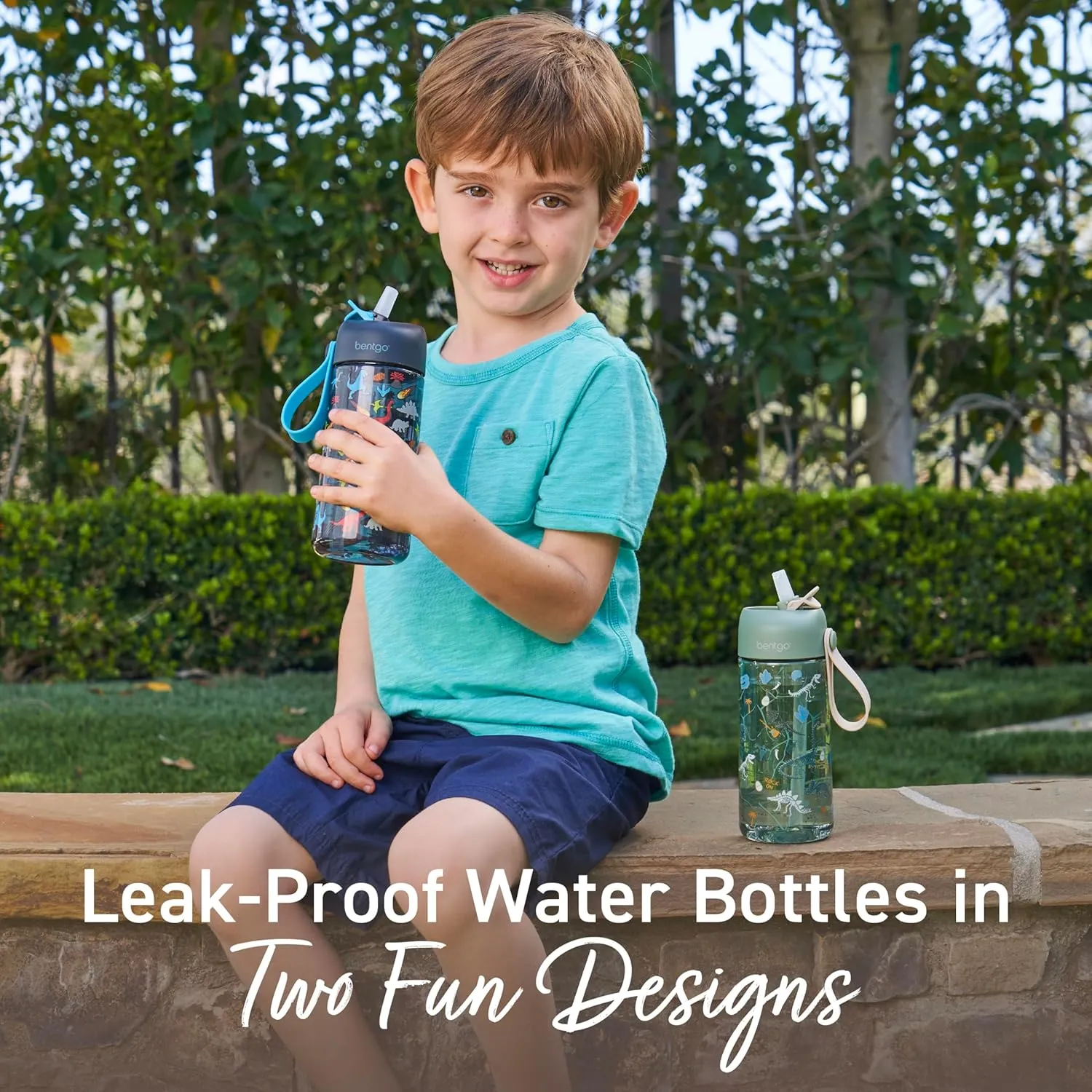 Bentgo Kids Water Bottle 2-Pack - Leak-Proof, Durable Tritan, BPA-Free 15 oz. Cup for Kids/Toddlers Ages 3 , Safe Sip Spout, & Dishwasher Safe for School/Sports/Daycare/Camp (Dinosaur/Dino Fossils)