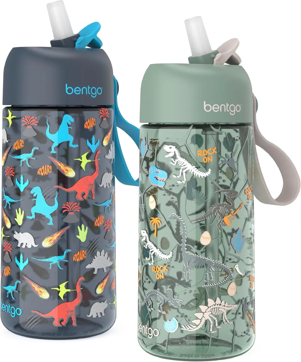 Bentgo Kids Water Bottle 2-Pack - Leak-Proof, Durable Tritan, BPA-Free 15 oz. Cup for Kids/Toddlers Ages 3 , Safe Sip Spout, & Dishwasher Safe for School/Sports/Daycare/Camp (Dinosaur/Dino Fossils)