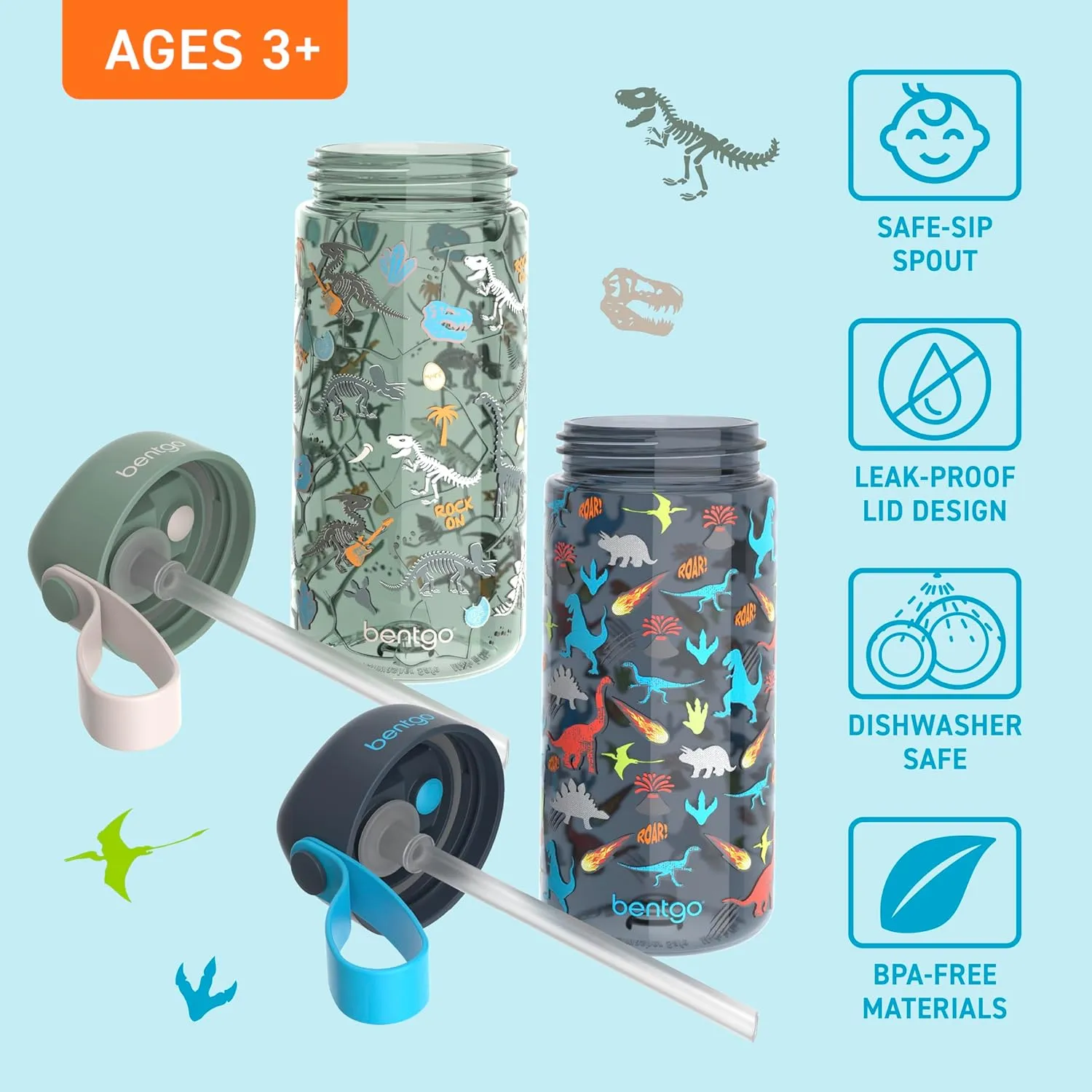 Bentgo Kids Water Bottle 2-Pack - Leak-Proof, Durable Tritan, BPA-Free 15 oz. Cup for Kids/Toddlers Ages 3 , Safe Sip Spout, & Dishwasher Safe for School/Sports/Daycare/Camp (Dinosaur/Dino Fossils)