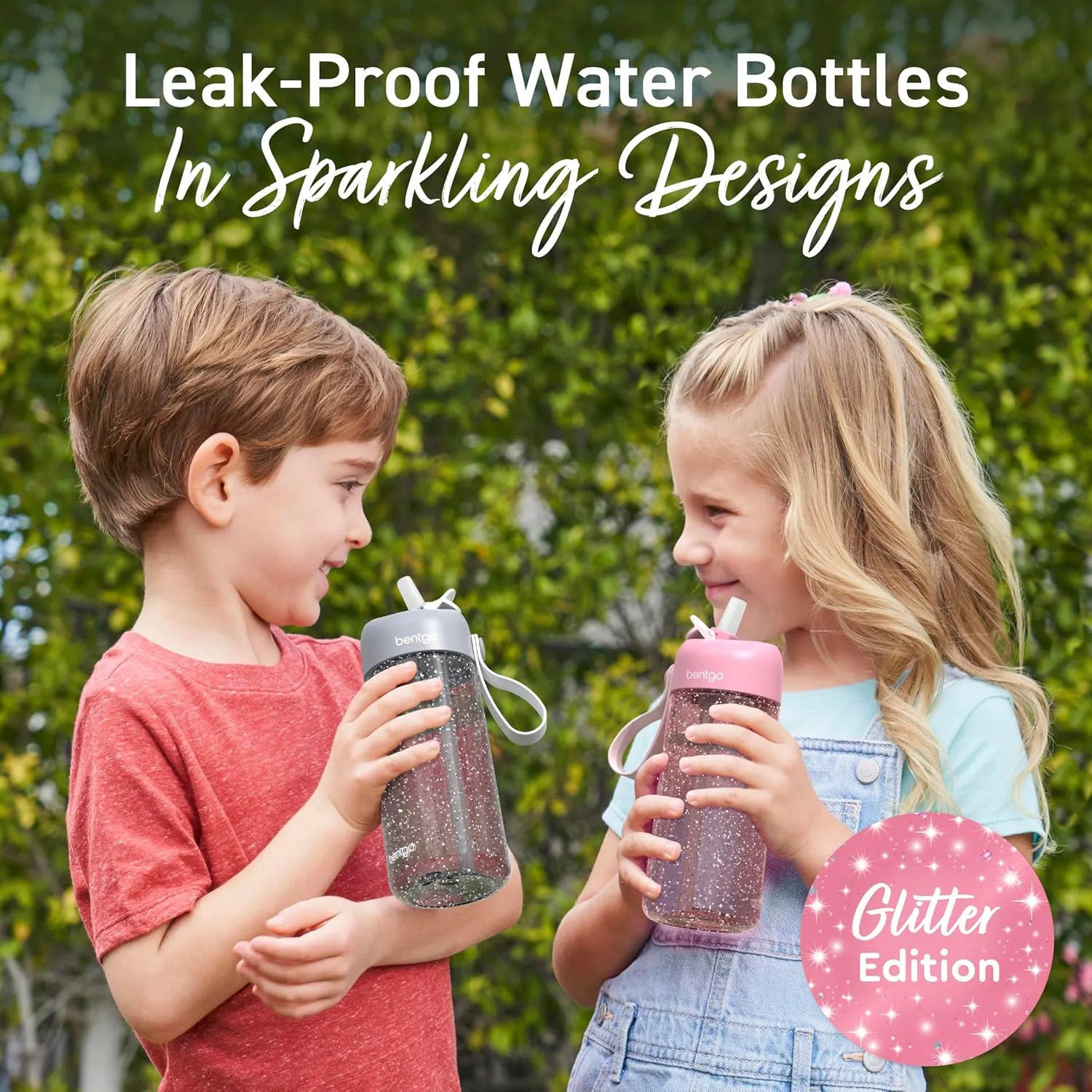 Bentgo Kids Water Bottle - Leak-Proof, Durable Tritan, BPA-Free 15 oz. Cup for Kids/Toddlers Ages 3 , Safe Sip Spout, Carrying Handle, & Dishwasher Safe for School (Glitter Edition - Petal Pink)