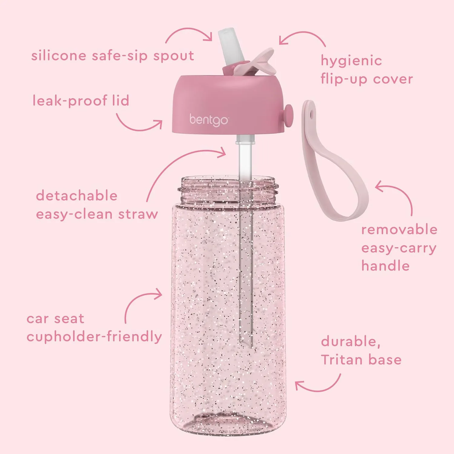 Bentgo Kids Water Bottle - Leak-Proof, Durable Tritan, BPA-Free 15 oz. Cup for Kids/Toddlers Ages 3 , Safe Sip Spout, Carrying Handle, & Dishwasher Safe for School (Glitter Edition - Petal Pink)