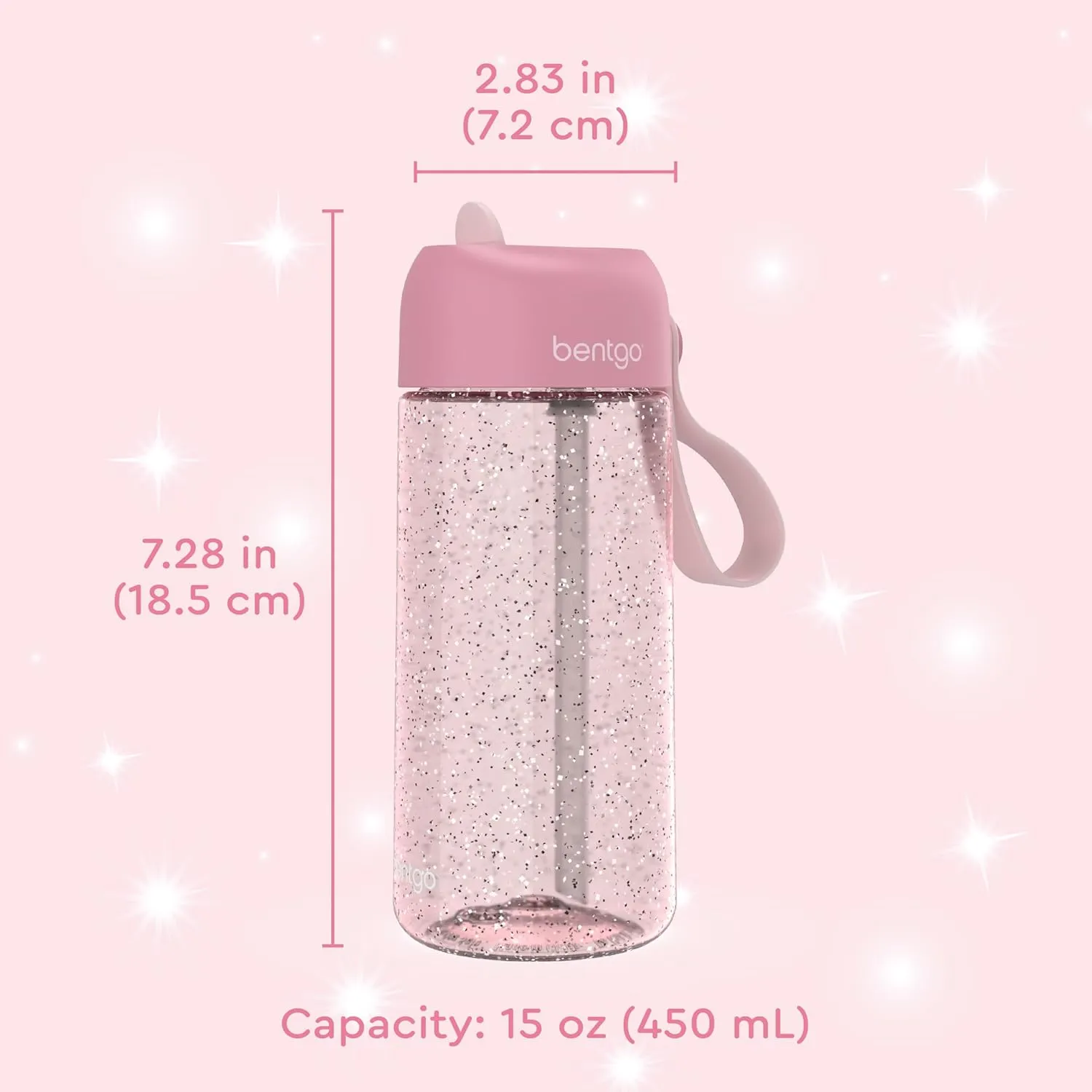 Bentgo Kids Water Bottle - Leak-Proof, Durable Tritan, BPA-Free 15 oz. Cup for Kids/Toddlers Ages 3 , Safe Sip Spout, Carrying Handle, & Dishwasher Safe for School (Glitter Edition - Petal Pink)