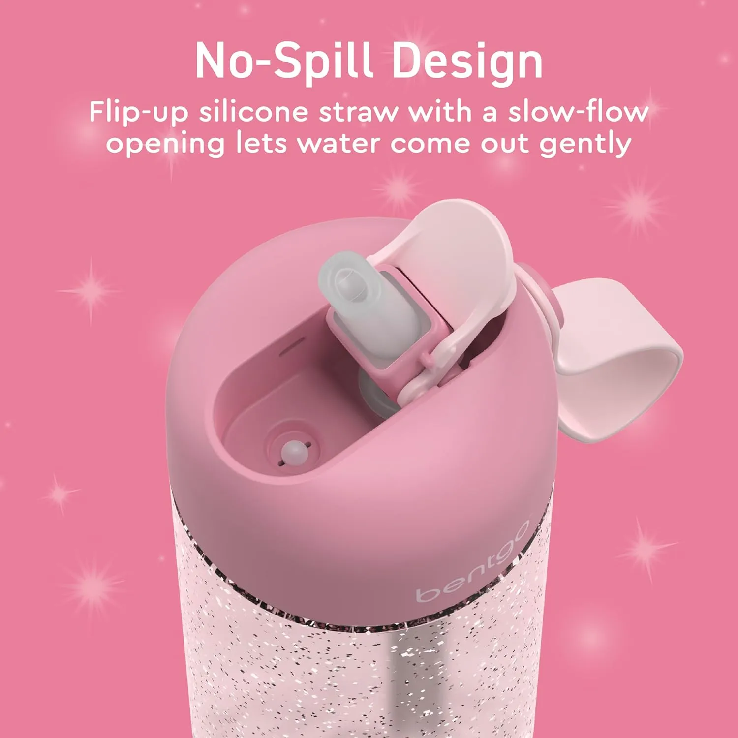 Bentgo Kids Water Bottle - Leak-Proof, Durable Tritan, BPA-Free 15 oz. Cup for Kids/Toddlers Ages 3 , Safe Sip Spout, Carrying Handle, & Dishwasher Safe for School (Glitter Edition - Petal Pink)