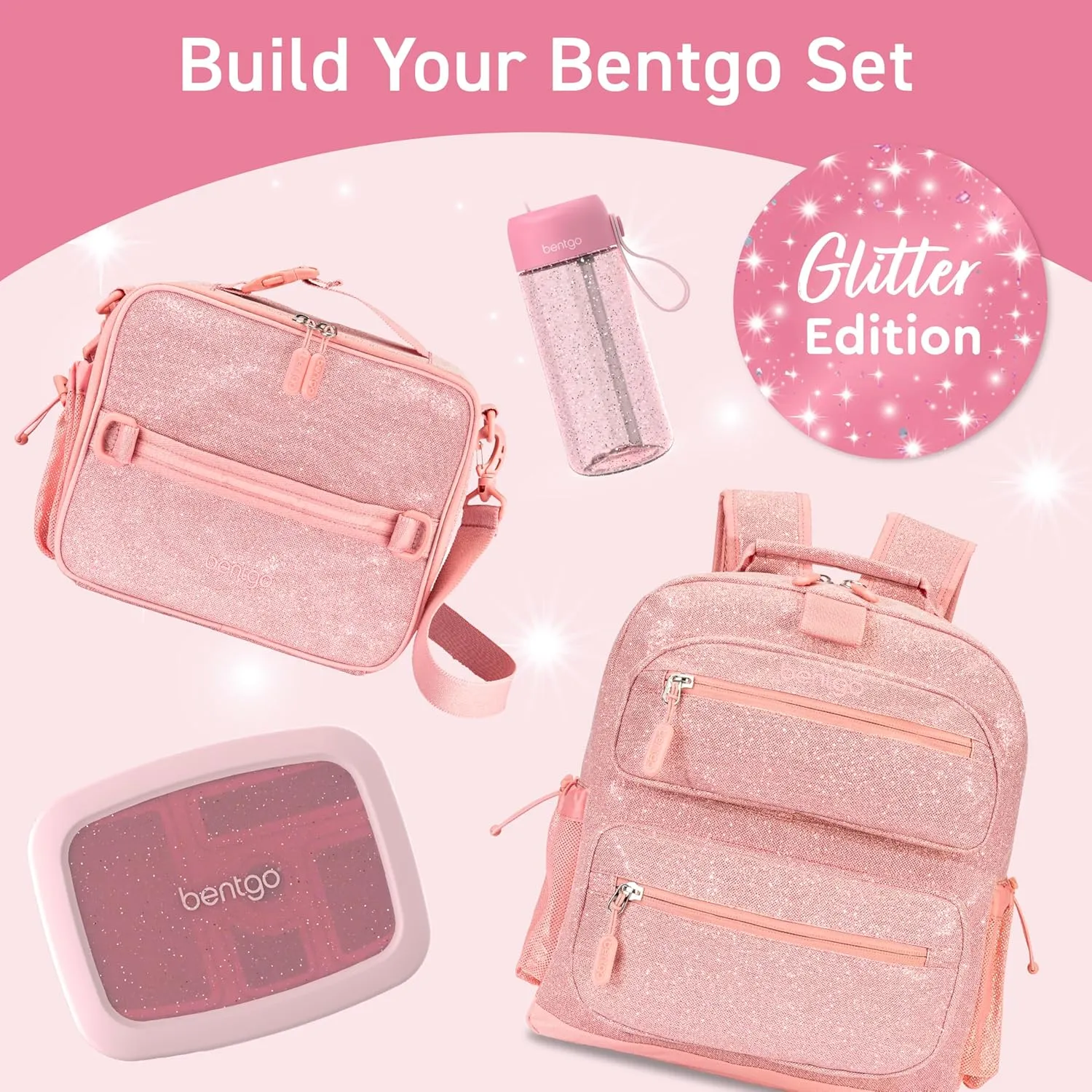 Bentgo Kids Water Bottle - Leak-Proof, Durable Tritan, BPA-Free 15 oz. Cup for Kids/Toddlers Ages 3 , Safe Sip Spout, Carrying Handle, & Dishwasher Safe for School (Glitter Edition - Petal Pink)