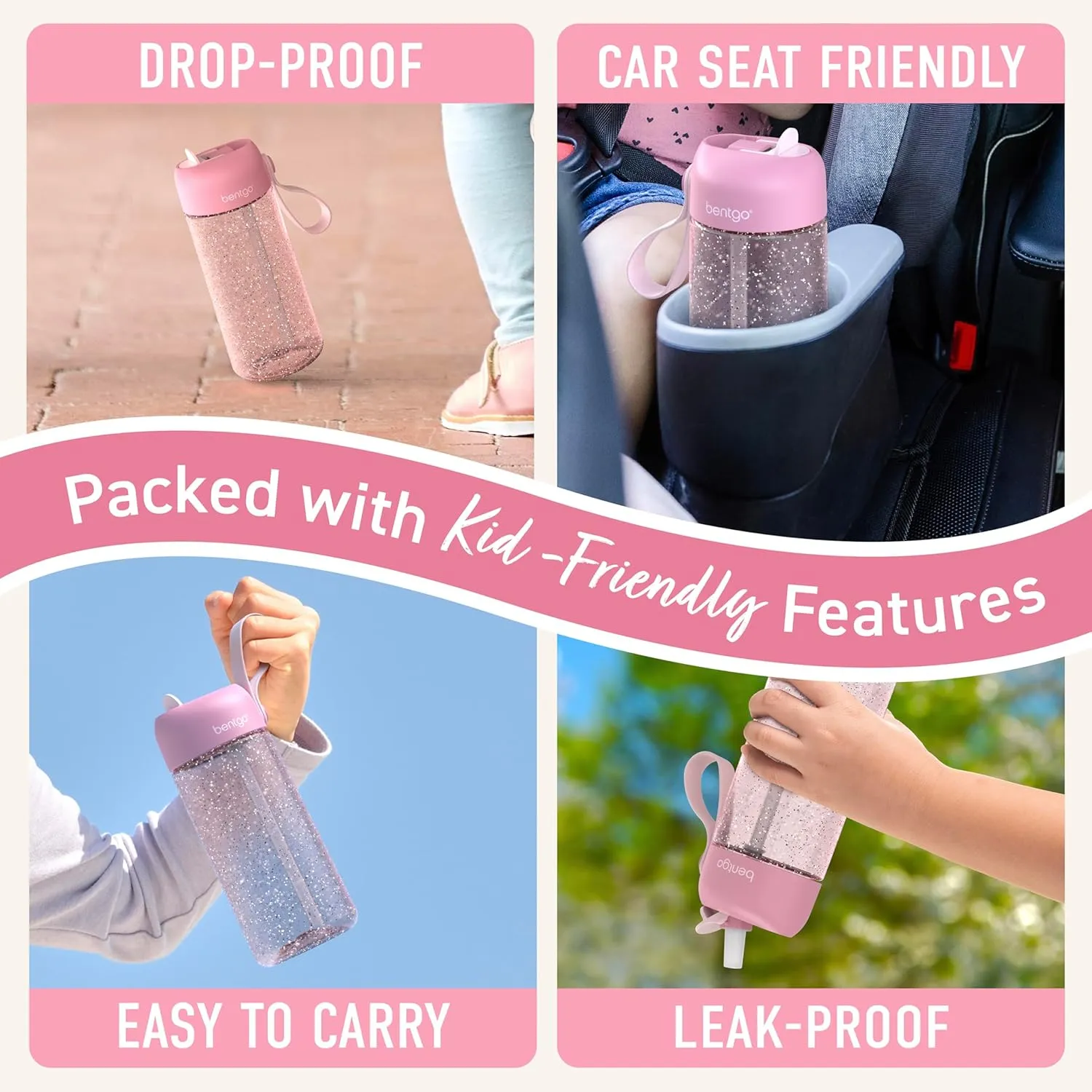 Bentgo Kids Water Bottle - Leak-Proof, Durable Tritan, BPA-Free 15 oz. Cup for Kids/Toddlers Ages 3 , Safe Sip Spout, Carrying Handle, & Dishwasher Safe for School (Glitter Edition - Petal Pink)