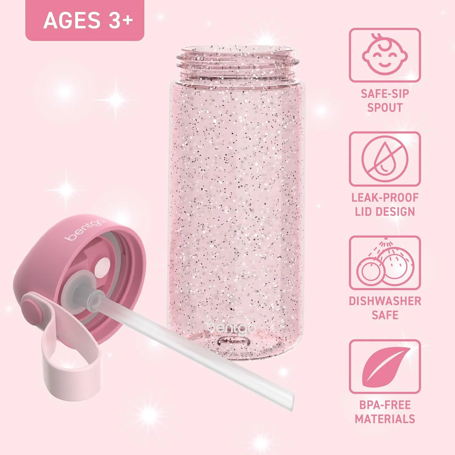 Bentgo Kids Water Bottle - Leak-Proof, Durable Tritan, BPA-Free 15 oz. Cup for Kids/Toddlers Ages 3 , Safe Sip Spout, Carrying Handle, & Dishwasher Safe for School (Glitter Edition - Petal Pink)