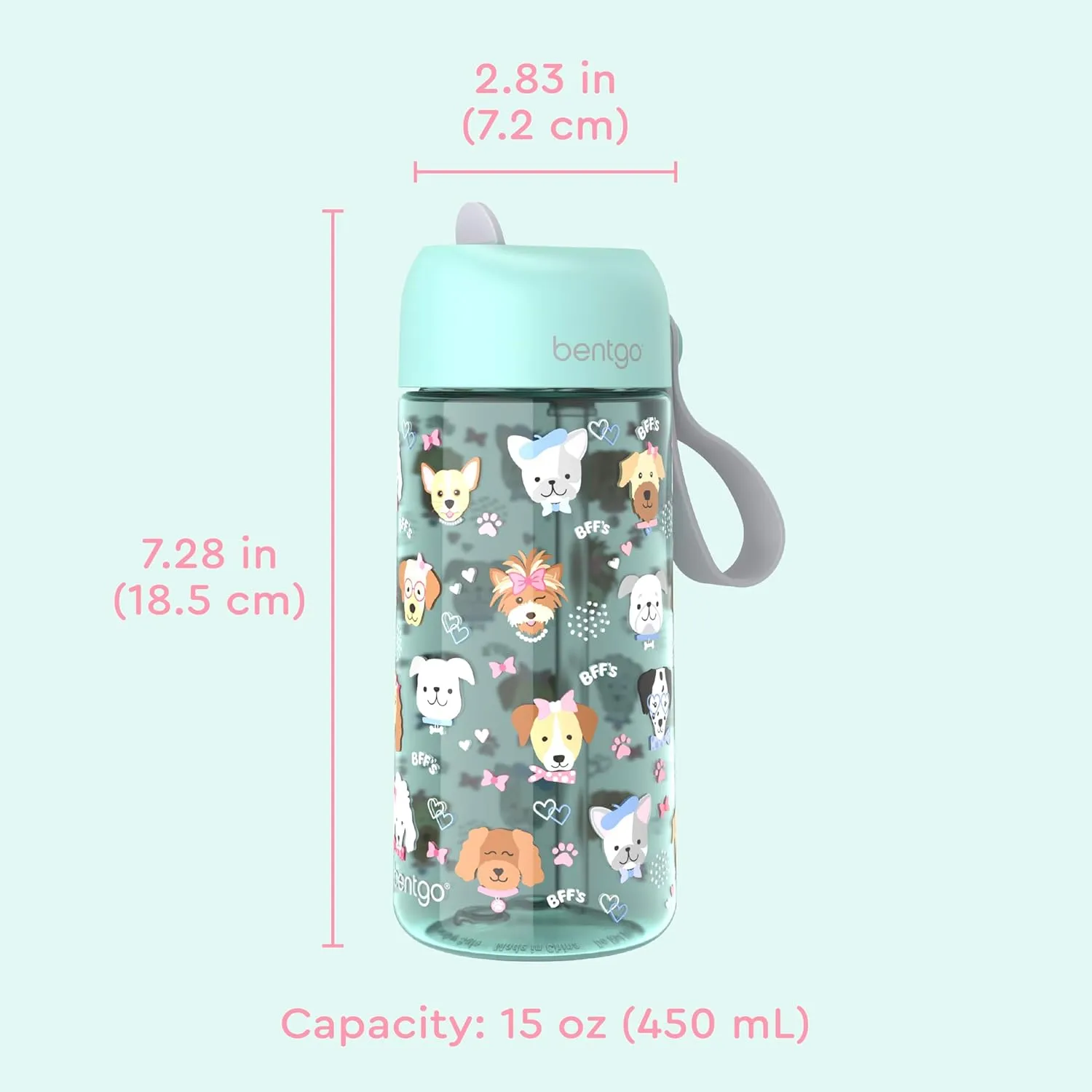 Bentgo Kids Water Bottle - Leak-Proof, Durable Tritan, BPA-Free 15 oz. Cup for Kids/Toddlers Ages 3 , Safe Sip Spout, Carrying Handle, & Dishwasher Safe for School, Sports, Daycare & Camp (Puppy Love)