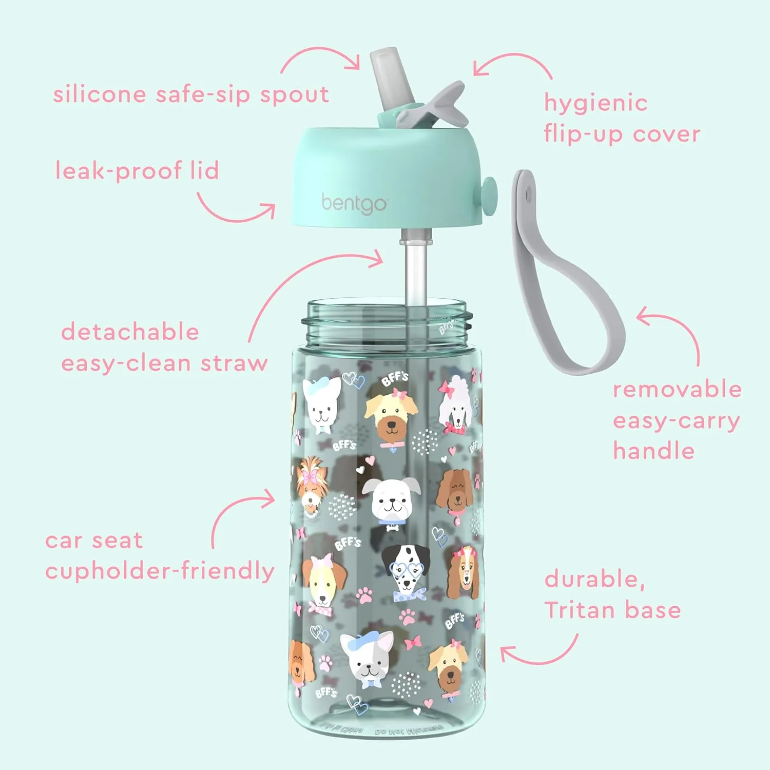 Bentgo Kids Water Bottle - Leak-Proof, Durable Tritan, BPA-Free 15 oz. Cup for Kids/Toddlers Ages 3 , Safe Sip Spout, Carrying Handle, & Dishwasher Safe for School, Sports, Daycare & Camp (Puppy Love)