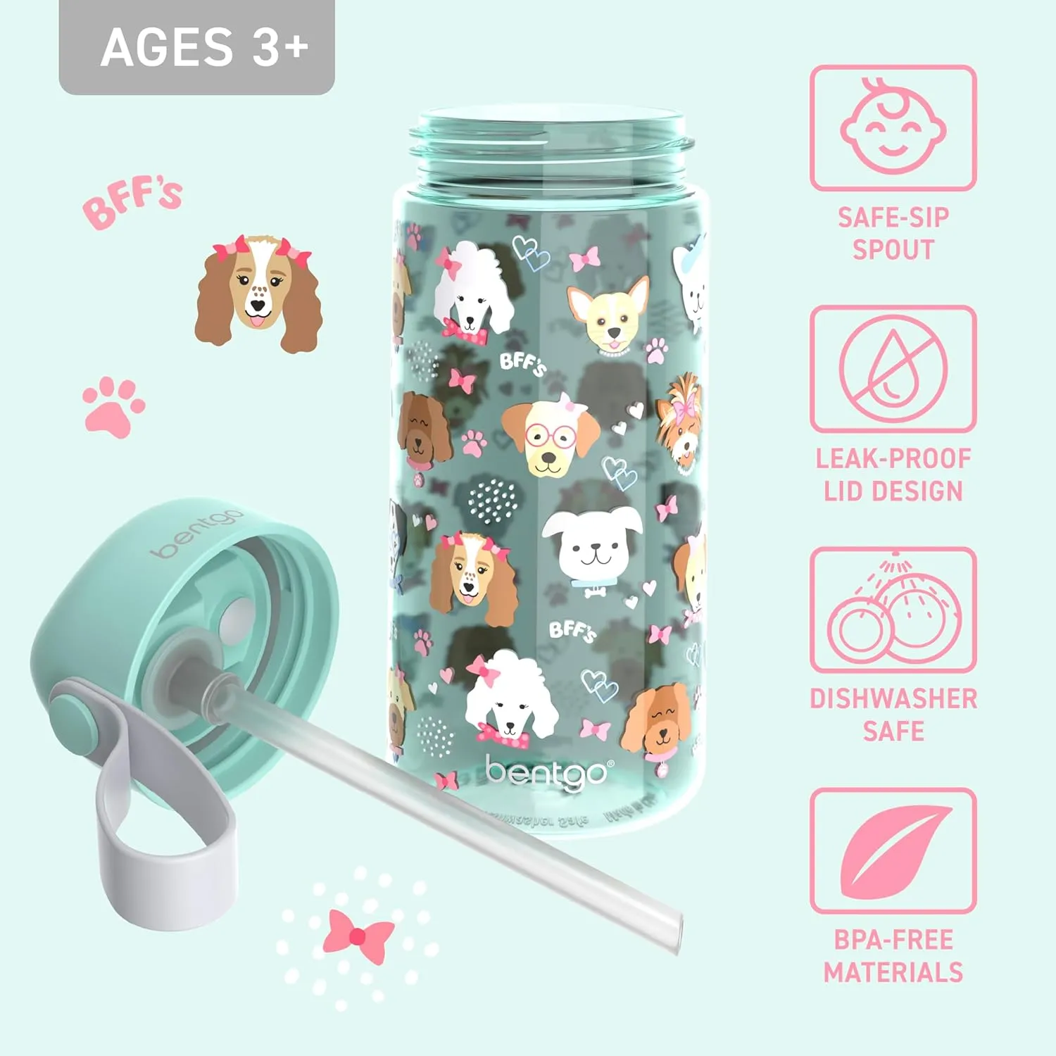 Bentgo Kids Water Bottle - Leak-Proof, Durable Tritan, BPA-Free 15 oz. Cup for Kids/Toddlers Ages 3 , Safe Sip Spout, Carrying Handle, & Dishwasher Safe for School, Sports, Daycare & Camp (Puppy Love)