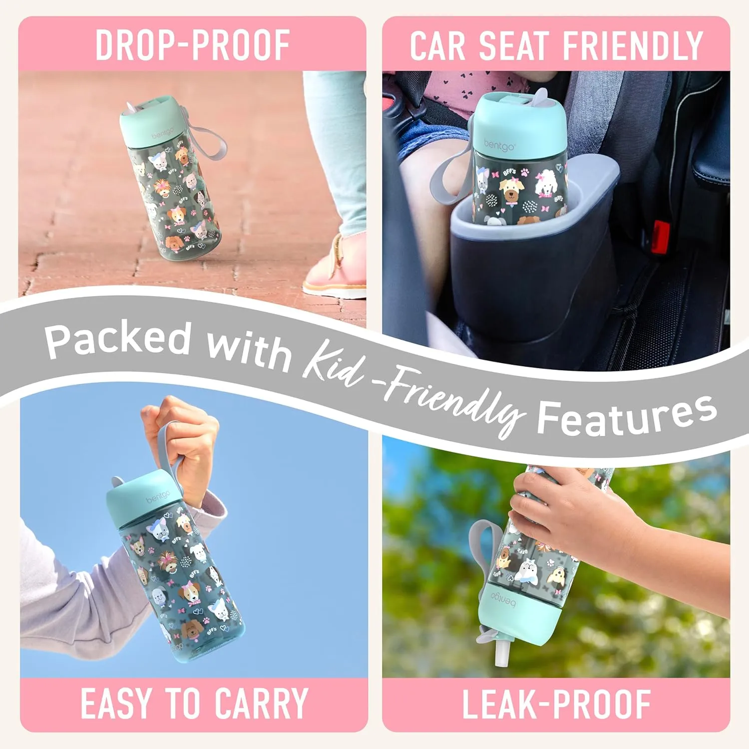 Bentgo Kids Water Bottle - Leak-Proof, Durable Tritan, BPA-Free 15 oz. Cup for Kids/Toddlers Ages 3 , Safe Sip Spout, Carrying Handle, & Dishwasher Safe for School, Sports, Daycare & Camp (Puppy Love)