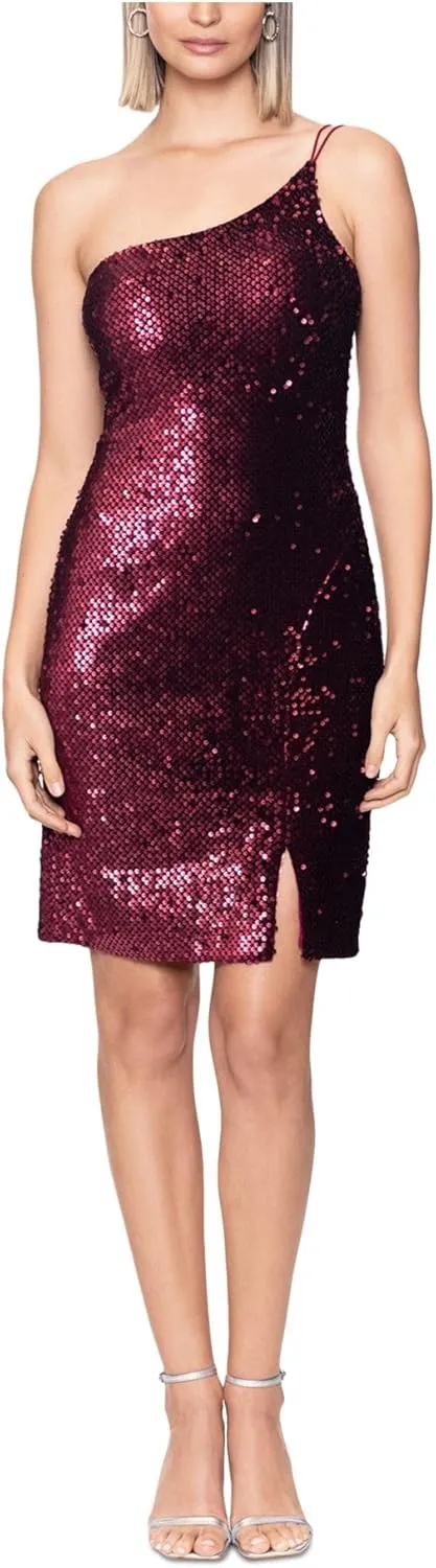 Betsy & Adam Short One Shoulder Sequin Dress