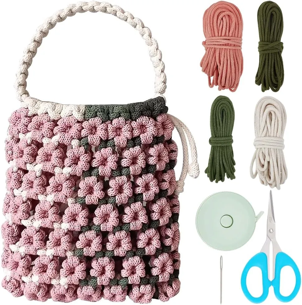 BEUNITONE DIY Macrame Bag kit for Adults Beginners Boho Pink Floral Handbag Making Kit Set for Women with Video Instruction Crochet Shoulder Bags for Women Holiday Beach Decor Trendy DIY Kit Gifts