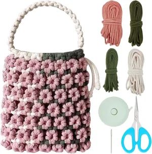 BEUNITONE DIY Macrame Bag kit for Adults Beginners Boho Pink Floral Handbag Making Kit Set for Women with Video Instruction Crochet Shoulder Bags for Women Holiday Beach Decor Trendy DIY Kit Gifts