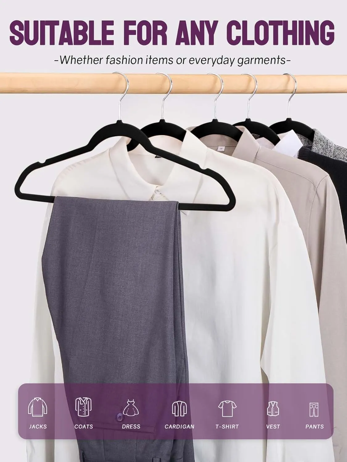 Black Velvet Hangers 50 Pack, Non Slip Clothes Felt Hanger Heavy Duty for Coat, Premium Slim Space Saving Suit Hangers for Closet Organizer, 360° Rotating Silver Hook