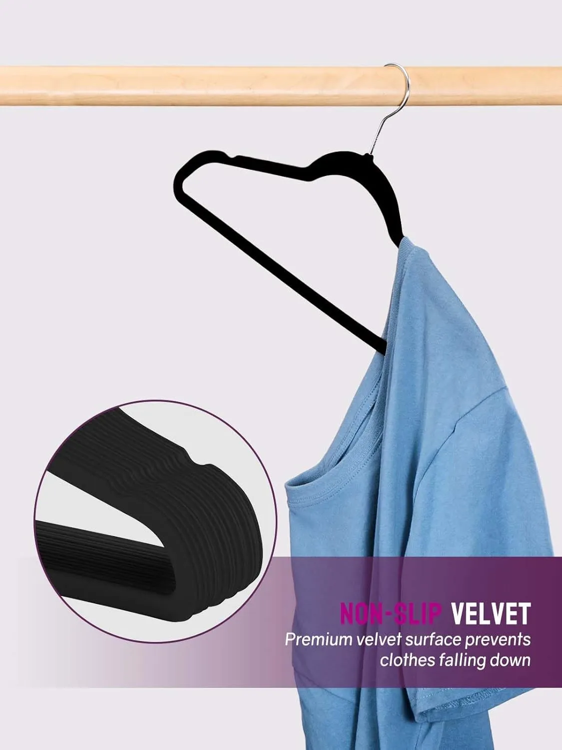 Black Velvet Hangers 50 Pack, Non Slip Clothes Felt Hanger Heavy Duty for Coat, Premium Slim Space Saving Suit Hangers for Closet Organizer, 360° Rotating Silver Hook