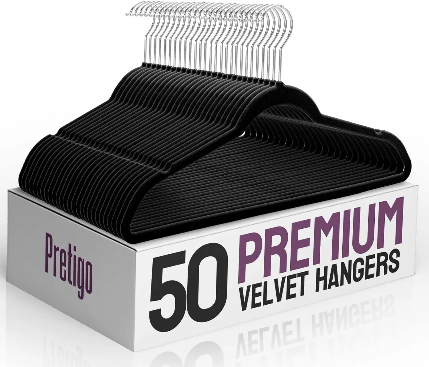 Black Velvet Hangers 50 Pack, Non Slip Clothes Felt Hanger Heavy Duty for Coat, Premium Slim Space Saving Suit Hangers for Closet Organizer, 360° Rotating Silver Hook