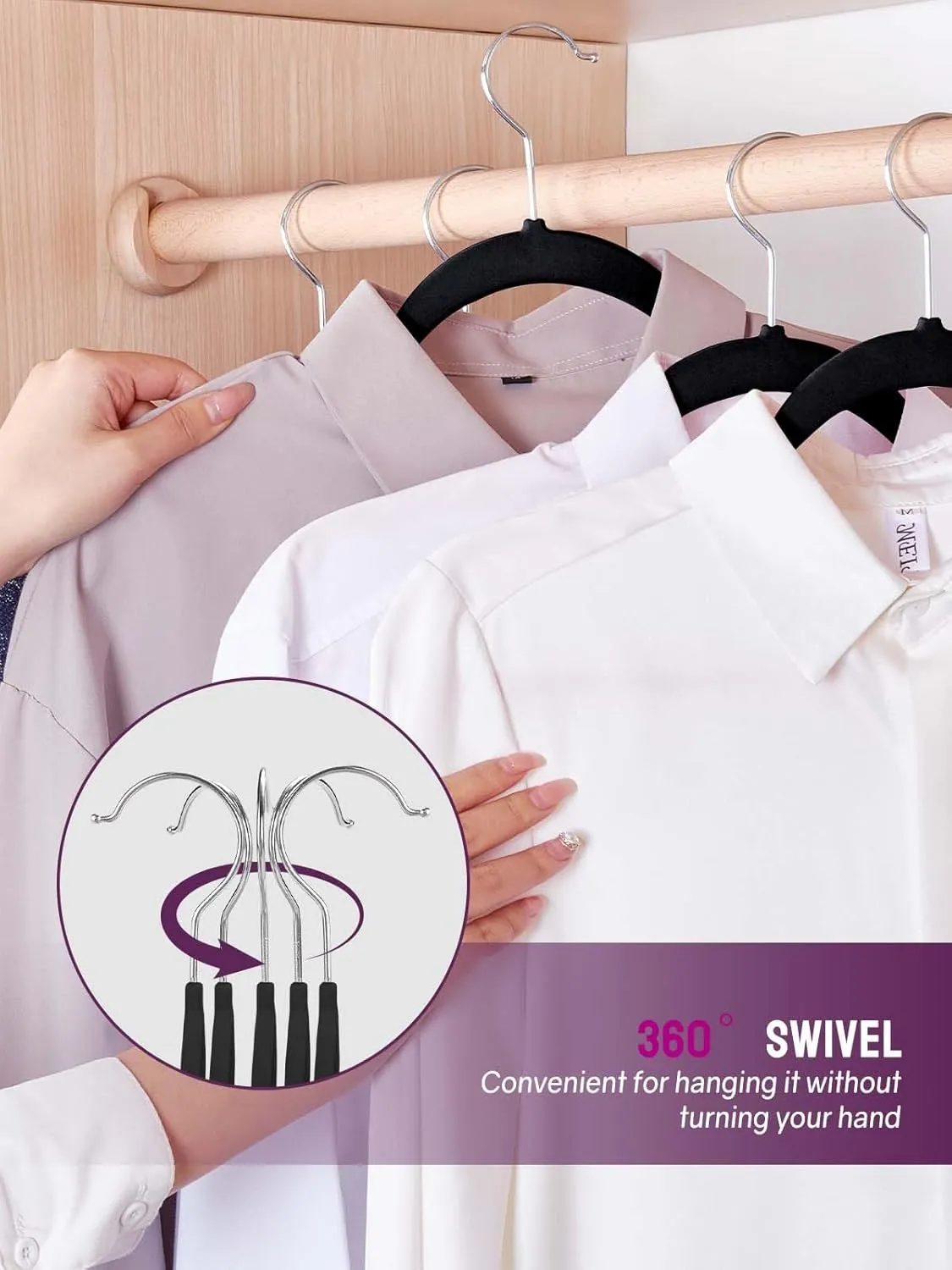 Black Velvet Hangers 50 Pack, Non Slip Clothes Felt Hanger Heavy Duty for Coat, Premium Slim Space Saving Suit Hangers for Closet Organizer, 360° Rotating Silver Hook