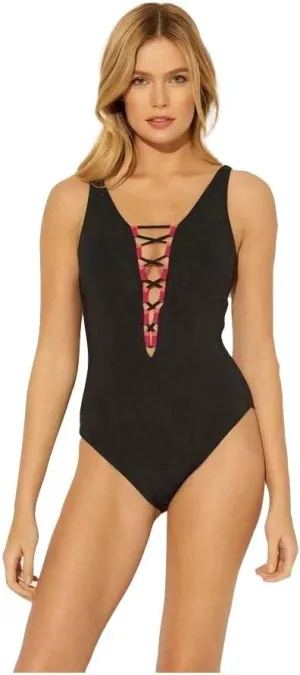 Bleu Rod Beattie Womens Lace-Up Contrast Trim One-Piece Swimsuit