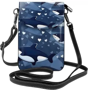 Blue Killer Whale Crossbody Bag, Leather Crossbody Flap Mobile Phone Bag.# Fashion Tassel Wallet Designed For Women.