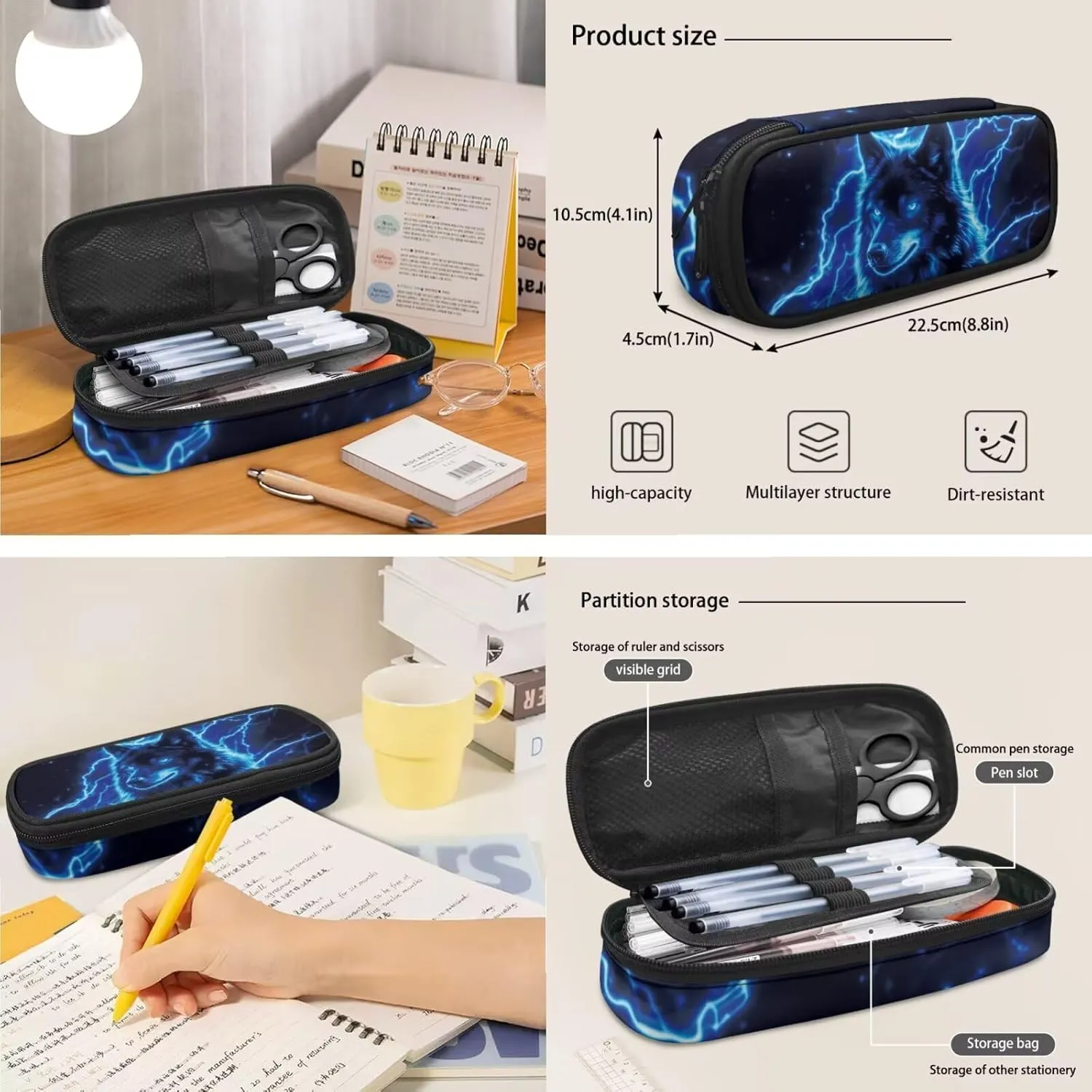Blue Wolf School Backpack for Boys Kids Bookbags with Lunch Box and Pencil Case Set of 4 Cool Backpacks for Elementary Middle School Boys Multifunctional Schoolbag with Side Pockets