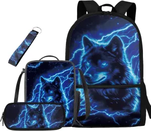 Blue Wolf School Backpack for Boys Kids Bookbags with Lunch Box and Pencil Case Set of 4 Cool Backpacks for Elementary Middle School Boys Multifunctional Schoolbag with Side Pockets